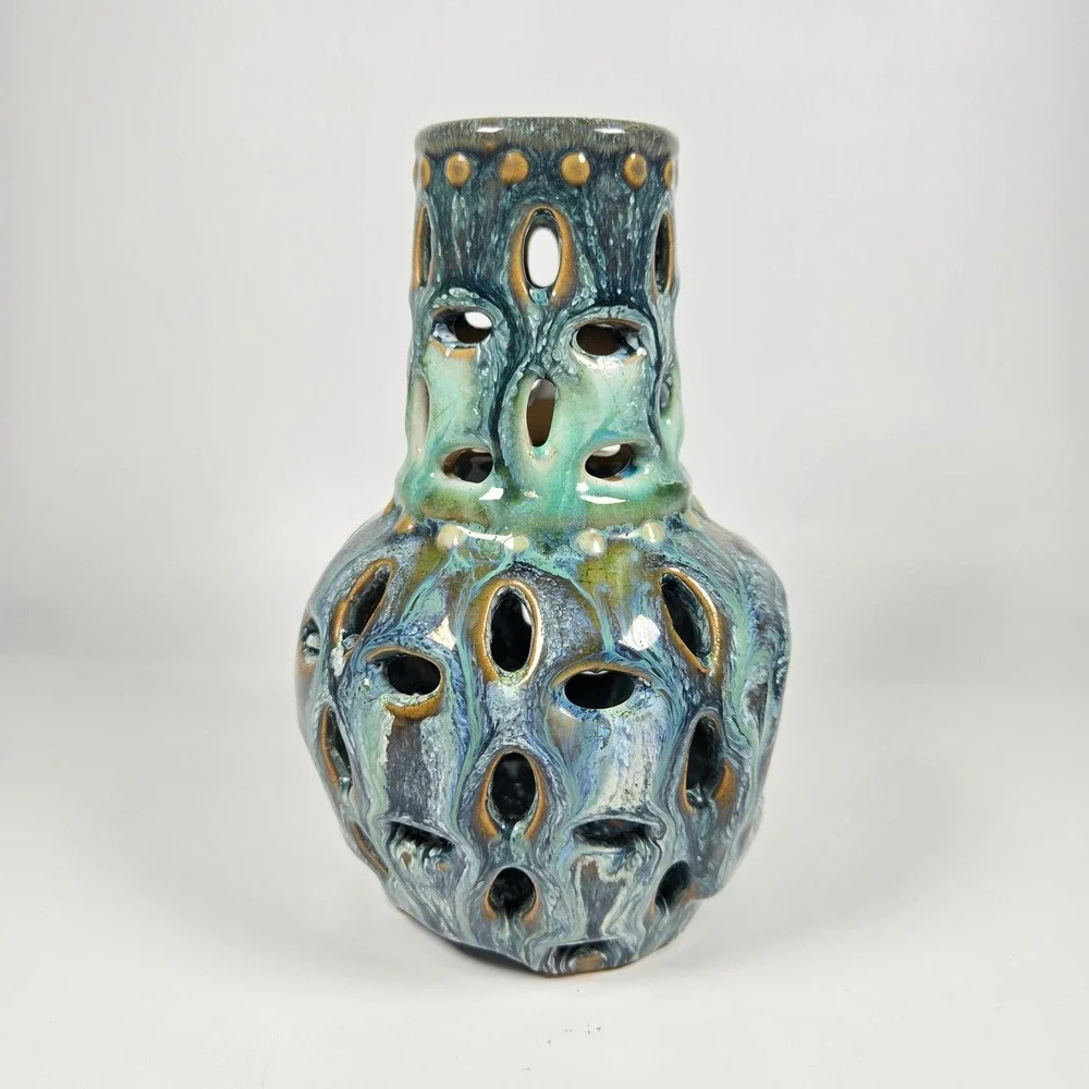 Beautiful‎ Chiminea Handmade Iridescent Glazed Ceramic Candle Holder blue green
